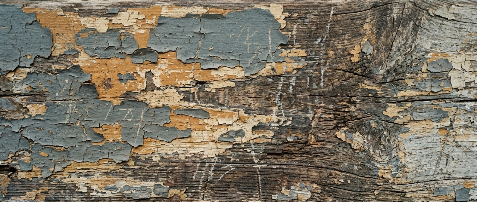 Close-up of layered weathered paint and wood grain in muted earth tones.