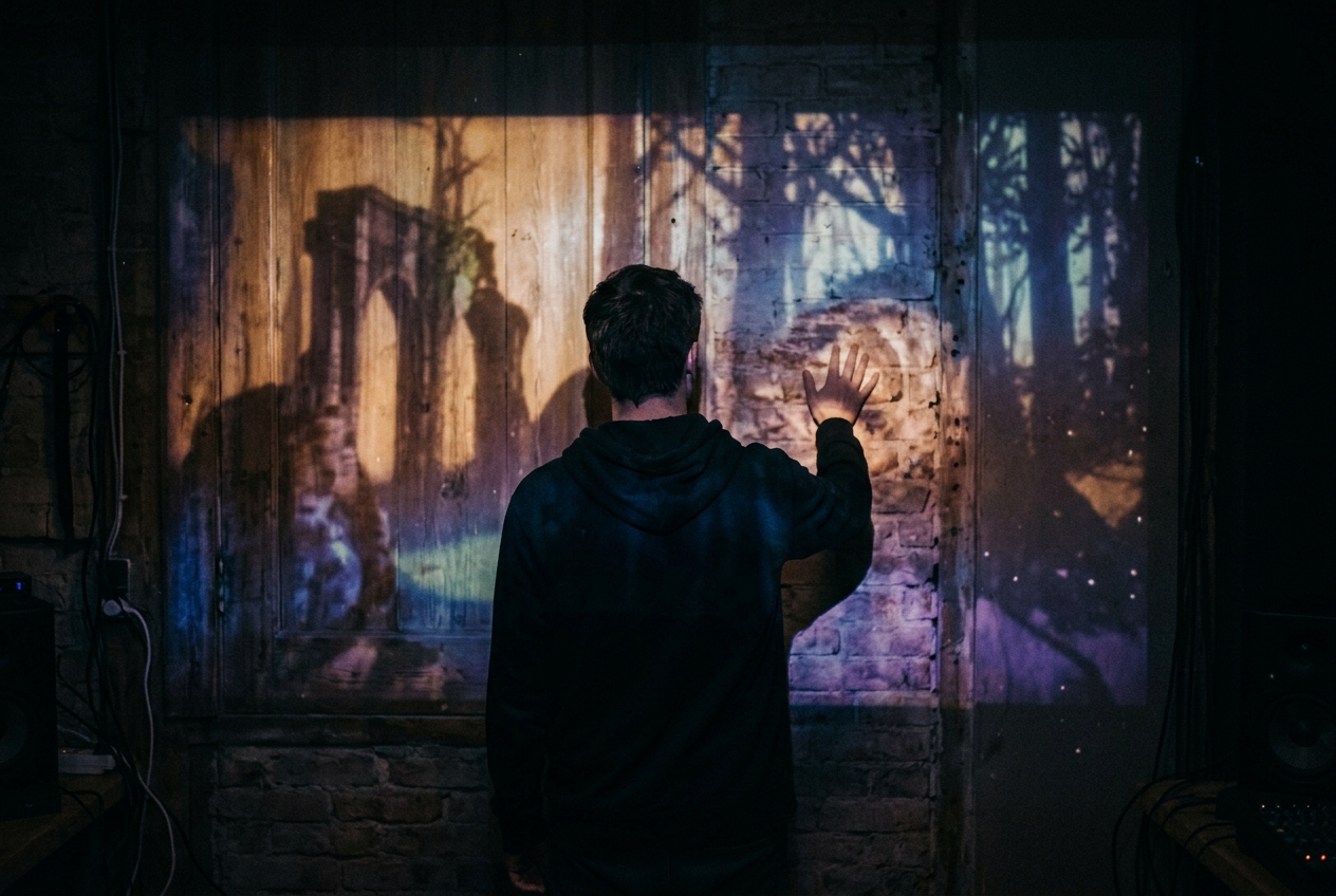 A silhouetted player reaches toward a glowing, atmospherically lit wall inside an immersive gaming environment where light and shadow form the narrative landscape.