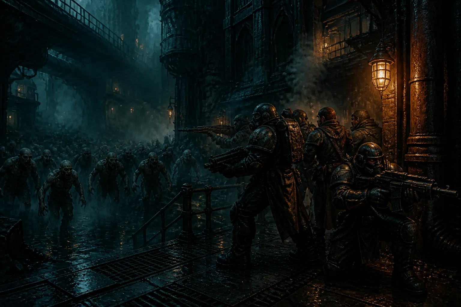 Four armored squad members stand back to back on a rain-slicked walkway in a smoky industrial city, weapons raised as a surging crowd of diseased figures closes in through the fog.