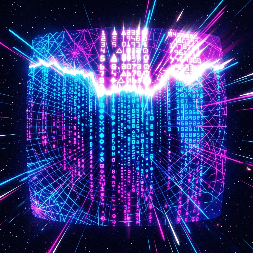 Glowing neon leaderboard columns on a curved tube-shooter surface showing a dramatic score gap between top-ranked and median players in electric blue and magenta