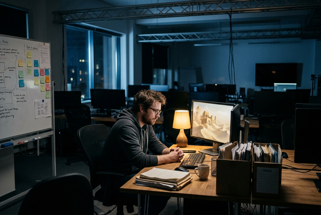A lone developer sits at a glowing monitor in a mostly empty studio, surrounded by packed boxes and dark screens, concept art of desert palace ruins visible on screen