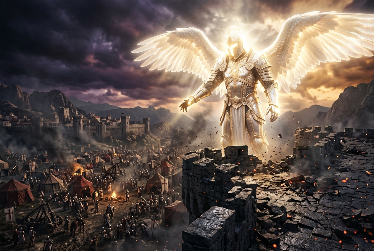 A towering, radiant armored figure with angelic wings stands atop a ruined fortress wall, overlooking a small crusader camp below under a stormy, light-split sky, evoking themes of divine power and its costs.