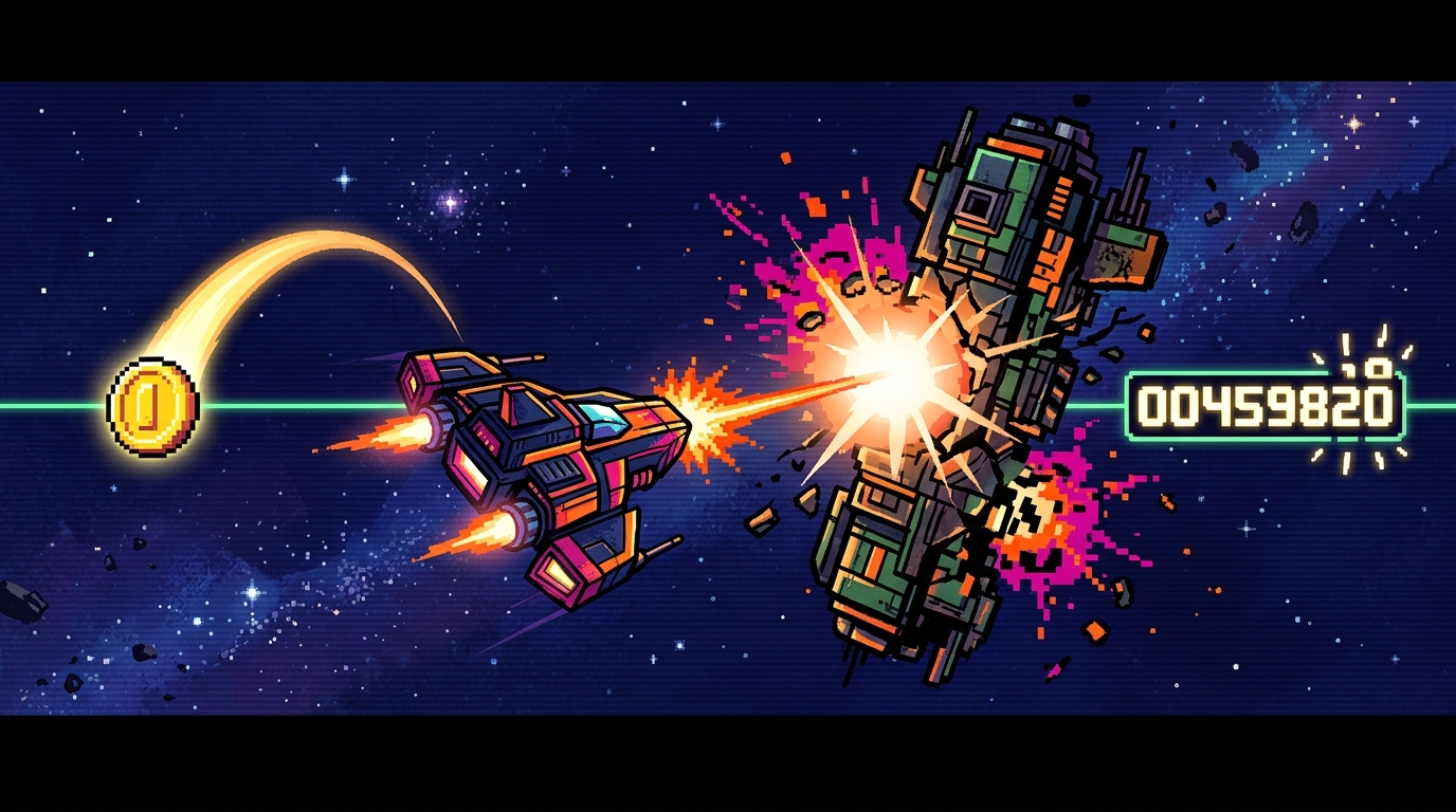 Editorial illustration of three linked arcade feedback signals, an orange hit burst on an enemy hull, a coin arcing into a spaceship, and a glowing score counter, connected by neon lines across a deep indigo space background.