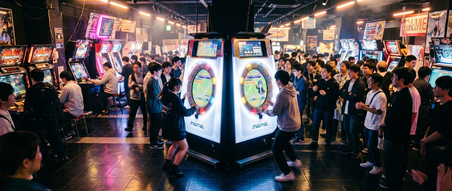 Players crowd around a glowing circular maimai rhythm game cabinet on a vibrant Japanese arcade floor at night, neon light reflecting across the scene.
