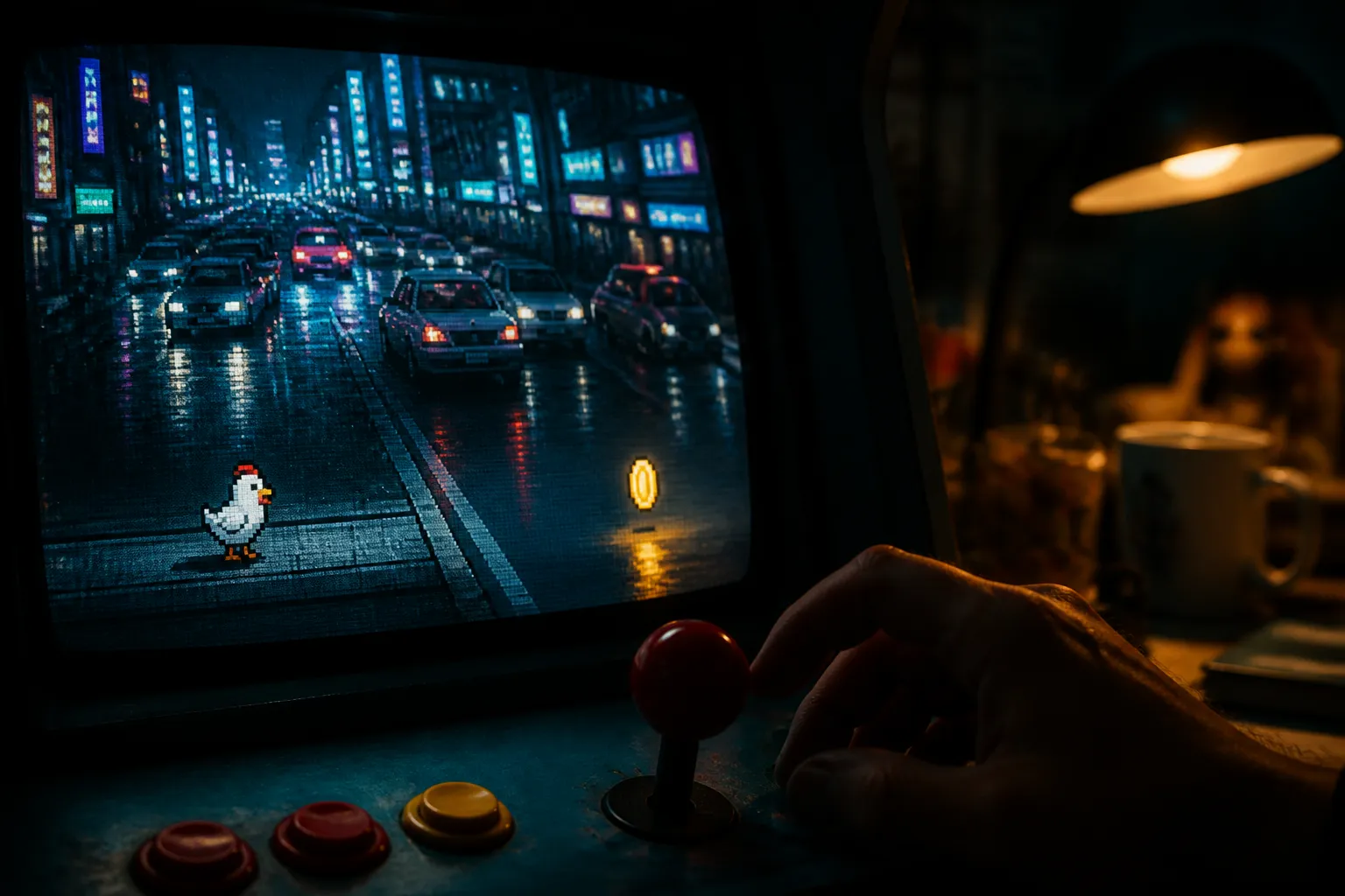 A pixel chicken waits at the edge of a busy arcade road while a coin glows just past the safe curb, with a hand hovering over the controls.