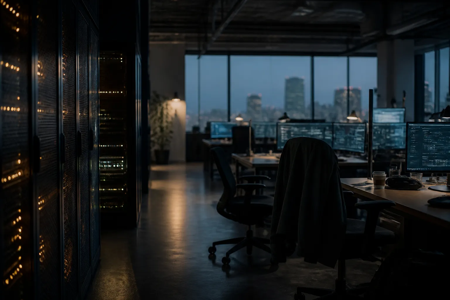 A dim, empty game studio at dusk with unused desks and a jacket on a chair, while amber server lights glow in a corridor beyond, suggesting a live game still running after its team has thinned out.