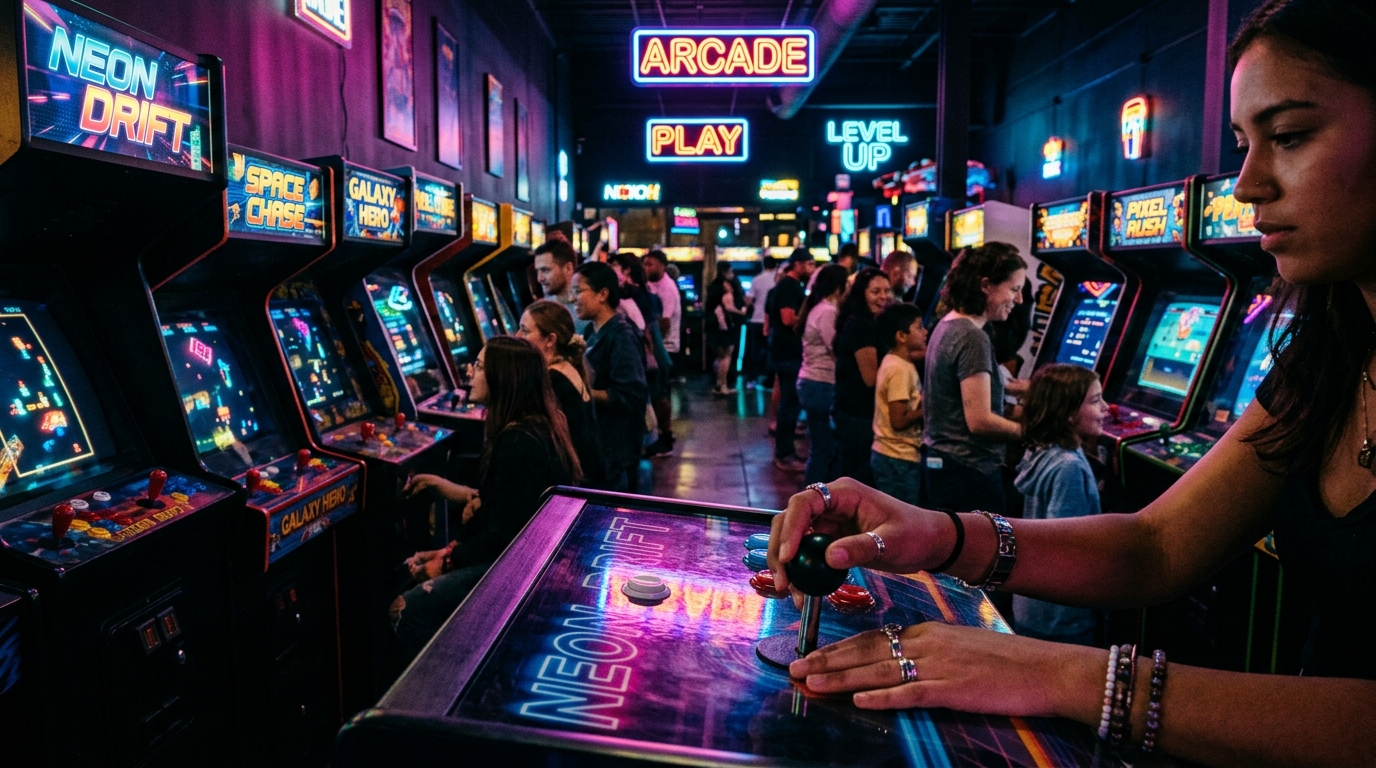 Neon-lit modern arcade hall with rows of glowing game cabinets and players silhouetted in colorful light