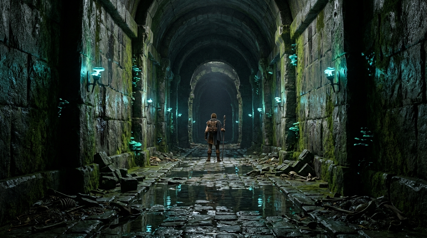 A lone adventurer stands small and distant at the end of a long bioluminescent dungeon corridor, their reflection shimmering on the wet cobblestone floor surrounded by deep shadows and ancient mossy stone walls.