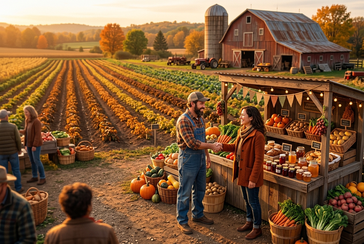A warm dusk scene of a cozy farm with harvested crop rows, a red barn, and a farmer sharing goods with a neighbor at a rustic market stall overflowing with vegetables and artisan products