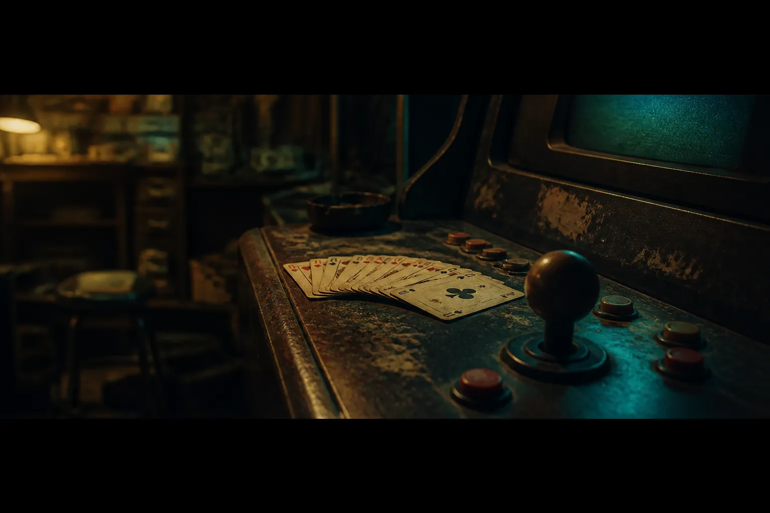 A fanned hand of playing cards lying across a worn arcade cabinet control panel in dim amber and teal light, with a faint screen glow at the edge of a late-night repair bench.