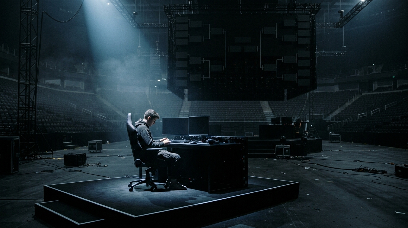 A lone player sits at a dark tournament desk in an empty arena, a powered-down bracket board looming behind them in cool shadow and haze