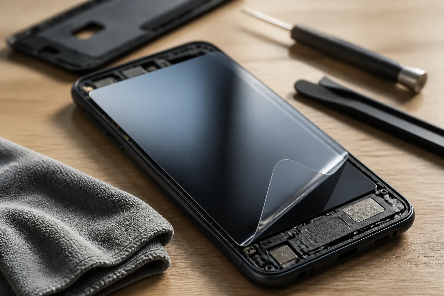A phone on a repair bench with its case off, a screen protector peeled back at one corner, and a microfiber cloth resting beside it.