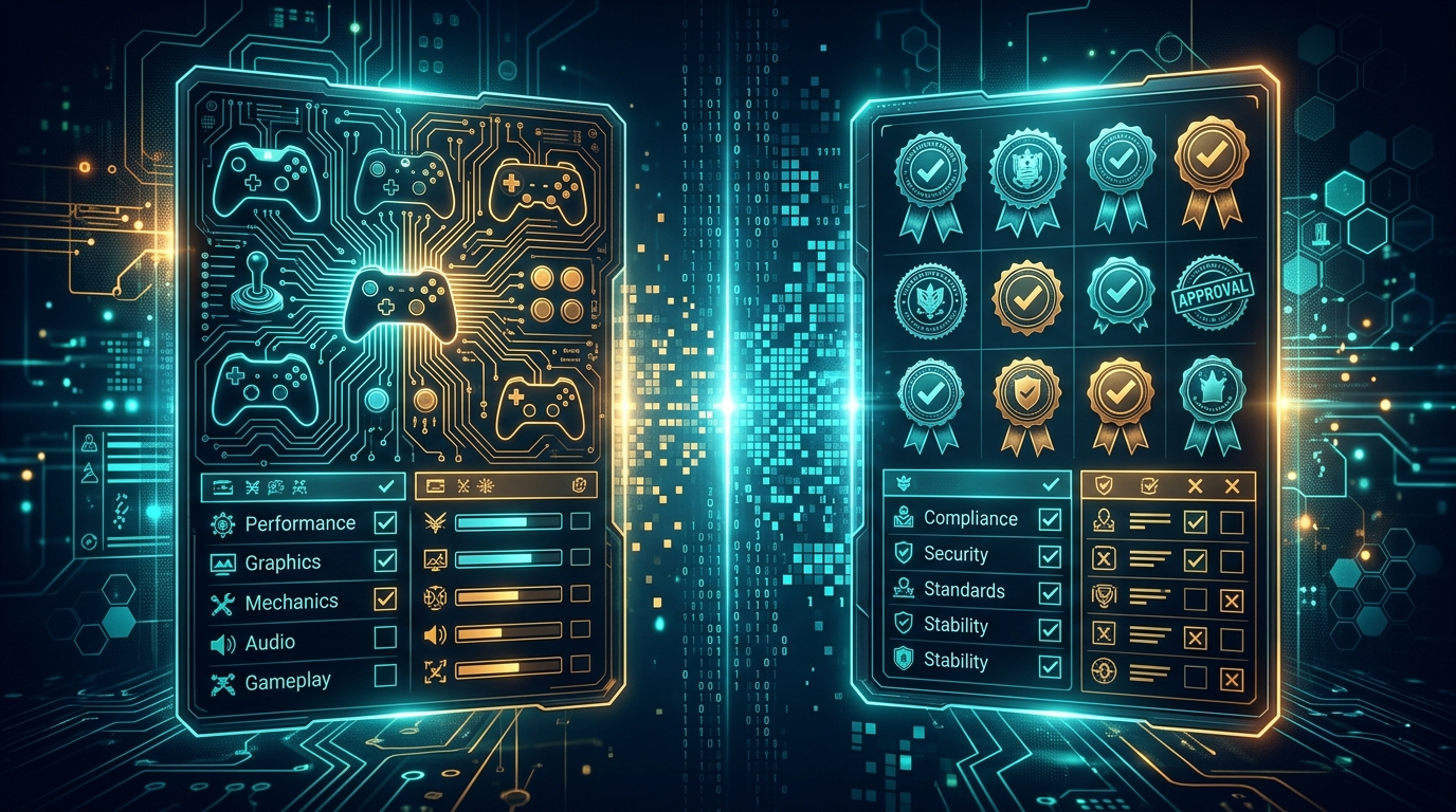 A glowing split scorecard visualization showing game porting technical and compliance challenges divided between two halves, connected by streams of code and circuit patterns
