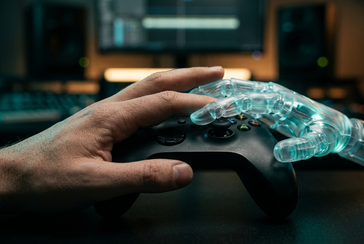 A human hand and a translucent digital hand share grip on a game controller under dramatic studio lighting, symbolizing the uneasy partnership between human creativity and AI in game development.