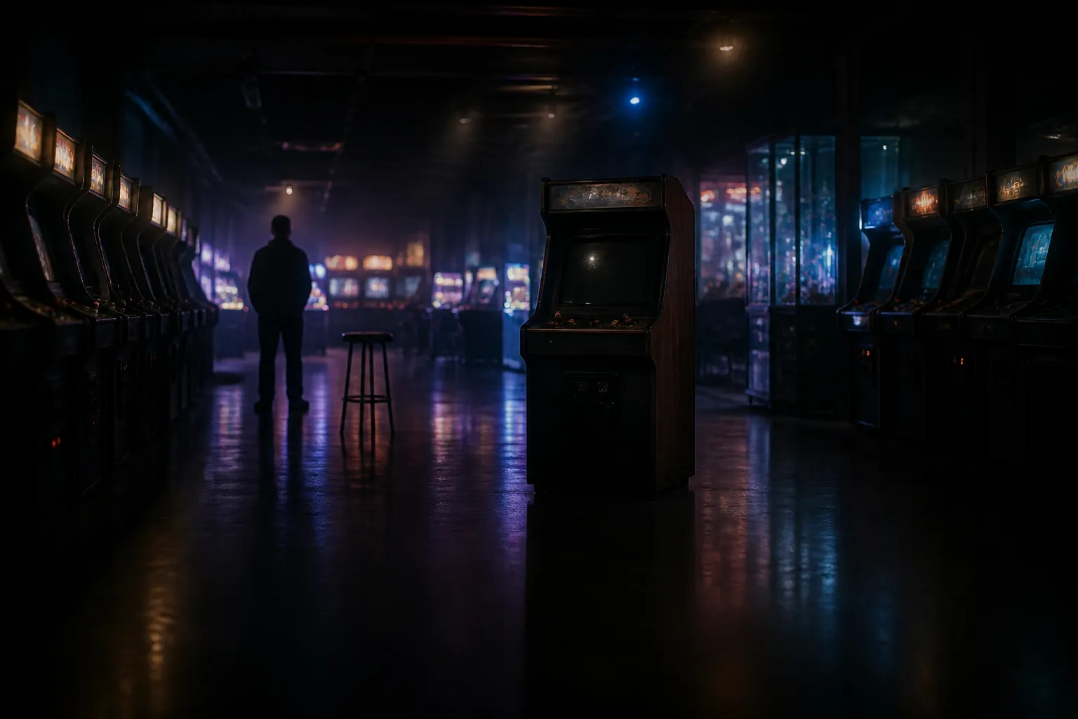 A distant, quiet view of an arcade cabinet with a dark screen reflecting the glow of nearby machines, while a lone player waits in the background.