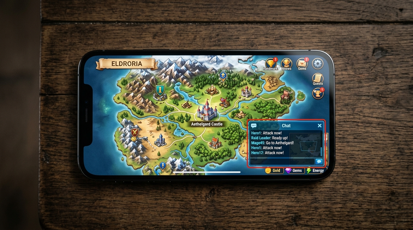 A smartphone screen showing a mobile game map with a small translucent chat overlay pinned in the corner, partially covering a key game element, illustrating the screen-space trade-off between chat and gameplay visibility.