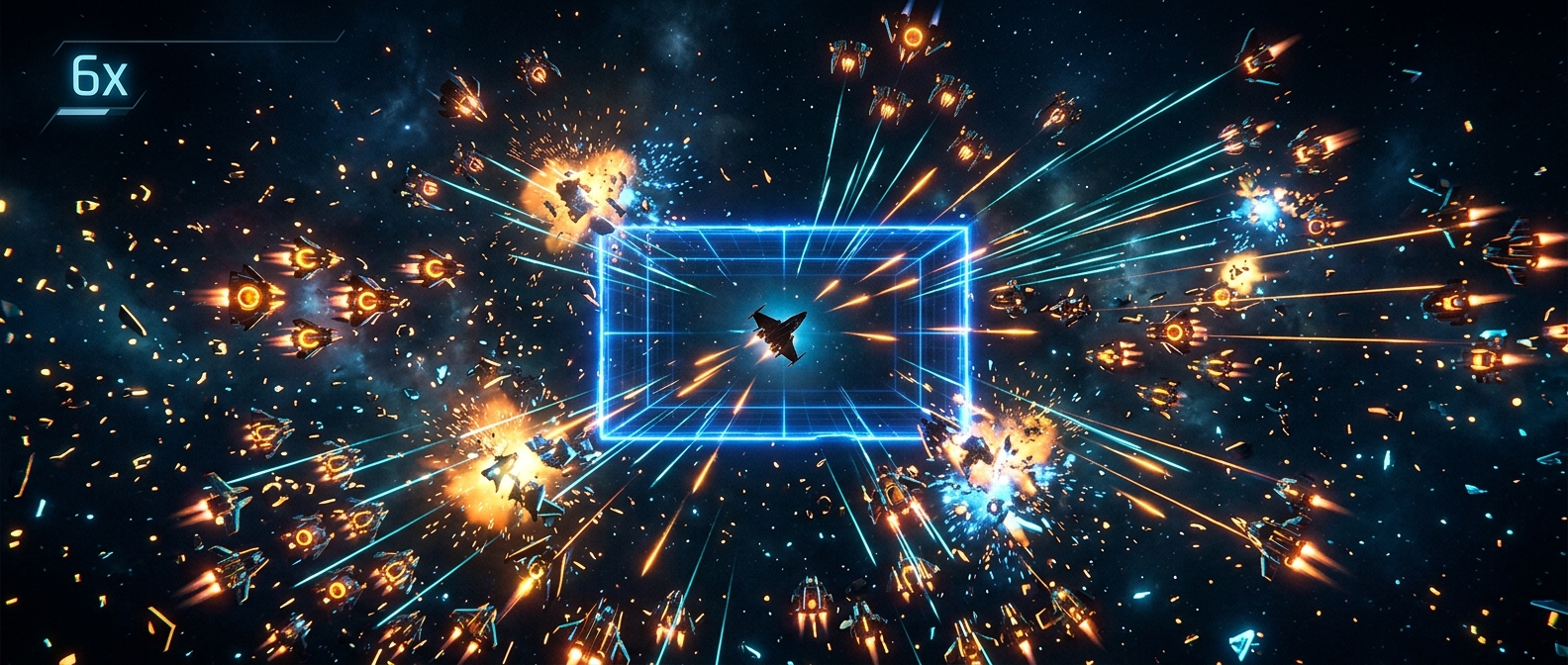 A dense mid-game wave in a cinematic arcade space shooter showing geometric debris clusters and converging enemy fire surrounding a glowing scoring zone, with a chain multiplier counter displaying 6x amid layered explosions and neon energy trails
