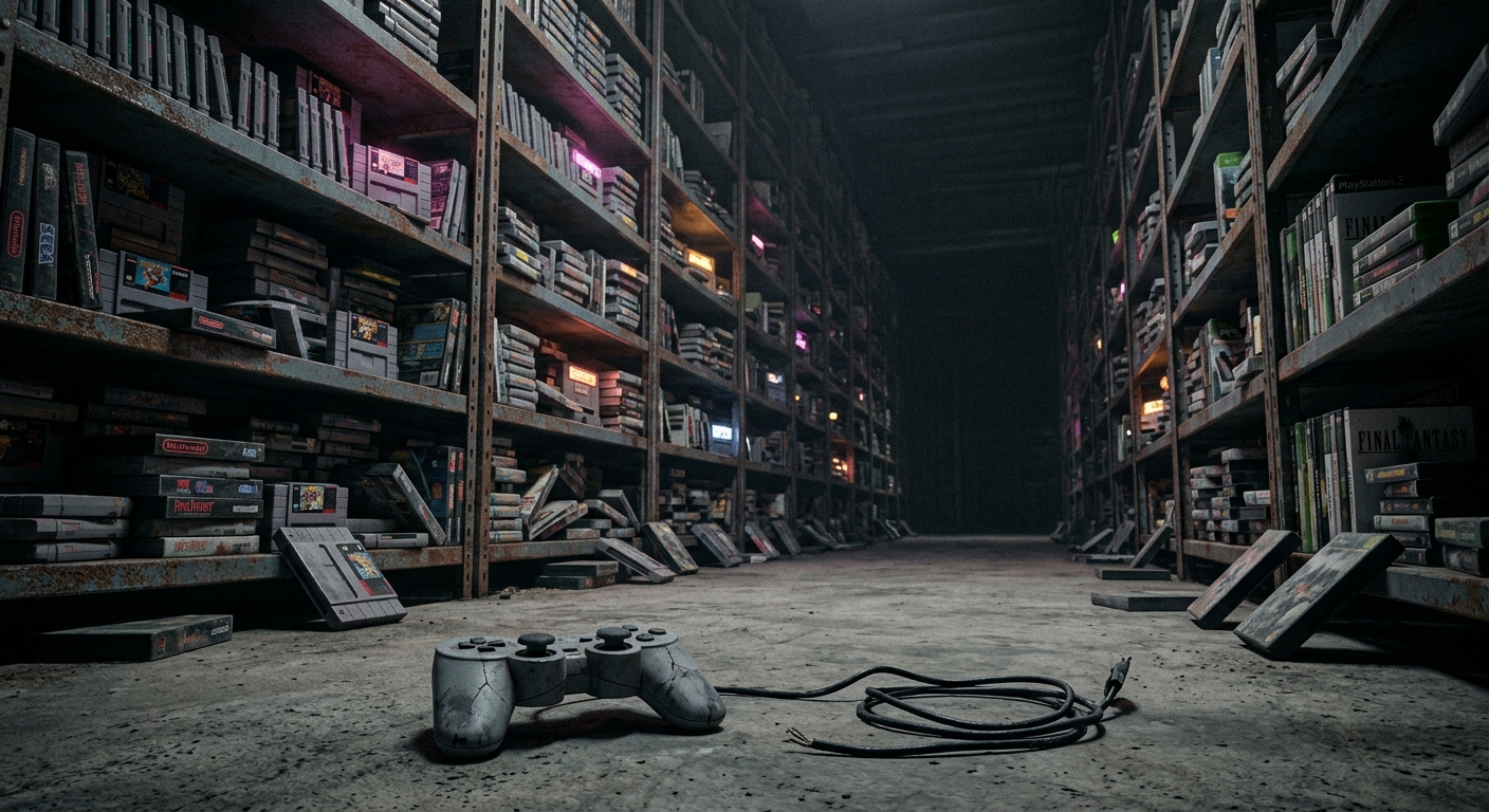 A cavernous digital warehouse with endless glowing shelves of video games, many flickering and dying, a broken controller abandoned on the dusty floor in the foreground.