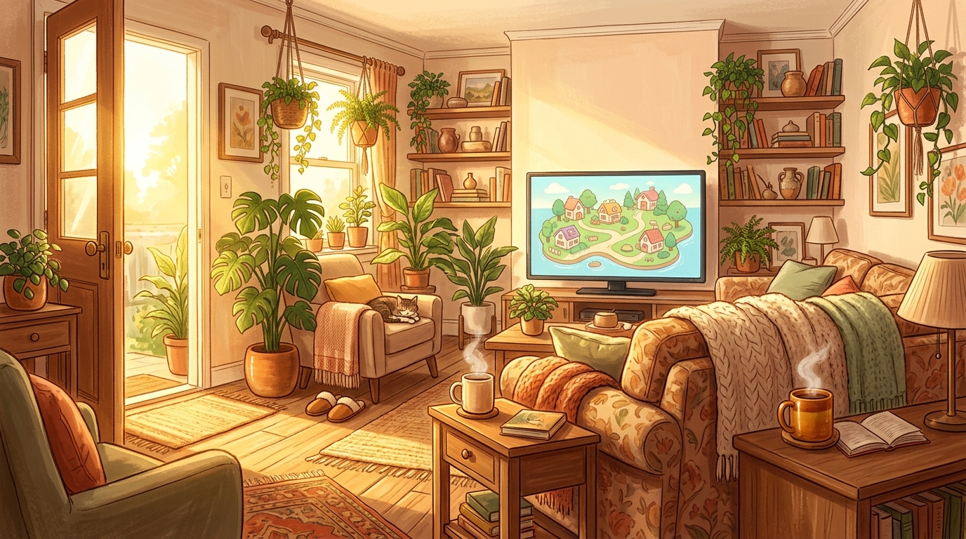 A warmly lit cozy living room at golden hour with a glowing TV screen displaying a cheerful pastel game world, soft blankets, houseplants, and a steaming mug capturing the welcoming rise of cozy gaming culture.