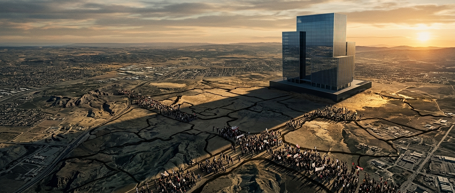 Aerial view of a glass corporate tower casting a long shadow that transforms into fragmented political borders and crowds across a fractured landscape below