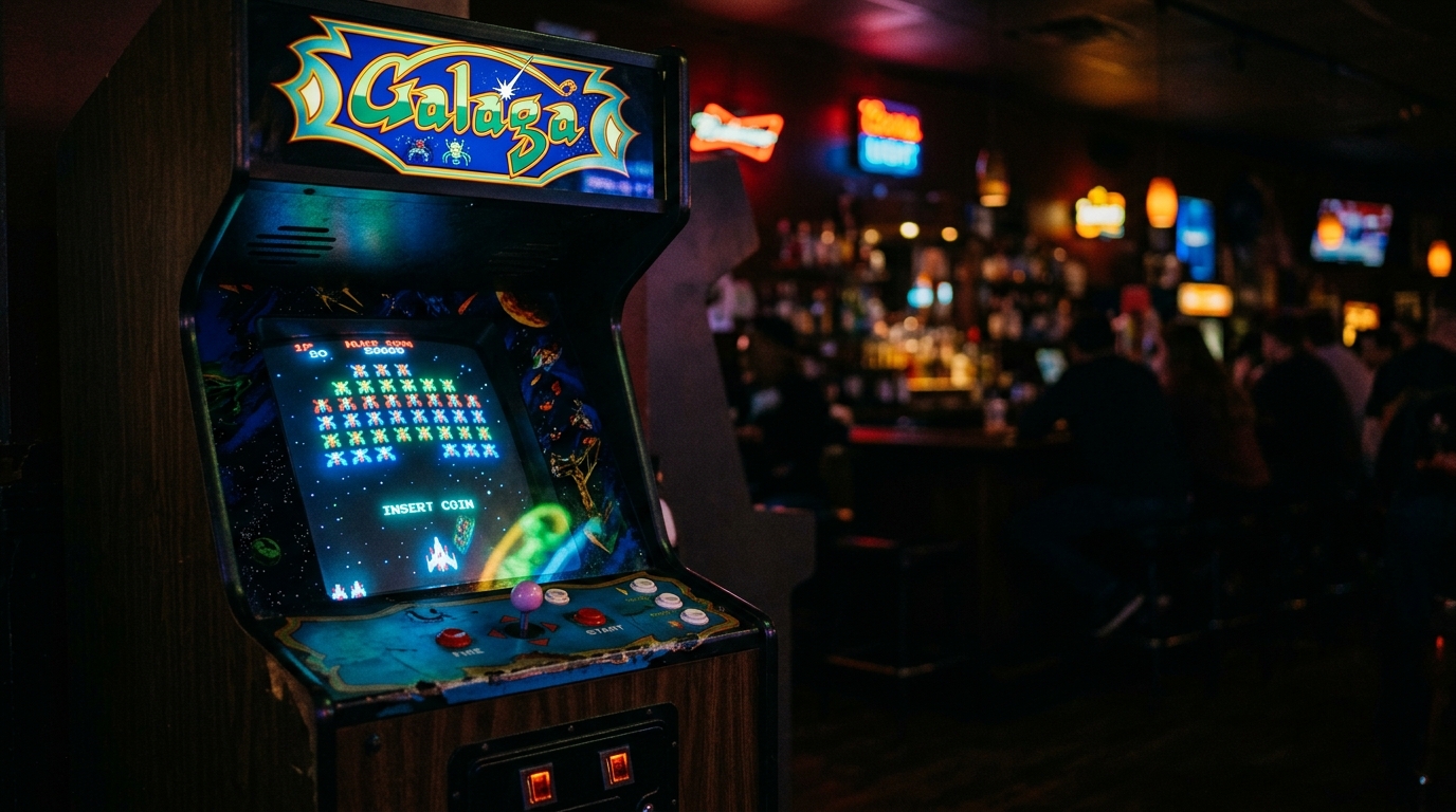 A glowing Galaga arcade cabinet stands in a dim barcade, its screen showing a symmetrical formation of insect aliens locked in mid-wave arrangement, phosphor-blue and green light washing over the control panel while bokeh bar lights drift softly in the background