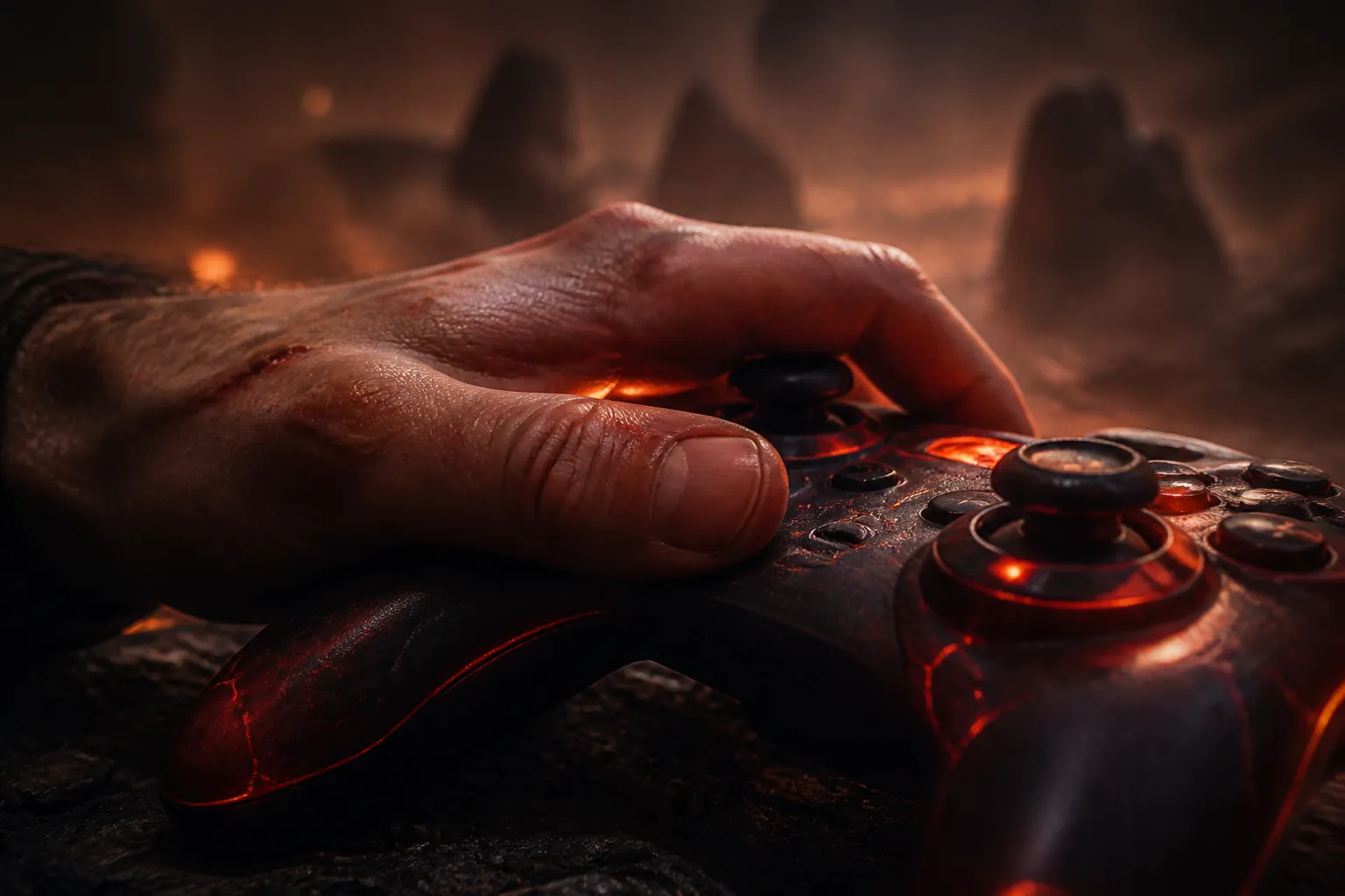 Close-up of a hand on a game controller under warm ember-colored light, suggesting the moody underworld tone of Hades II.