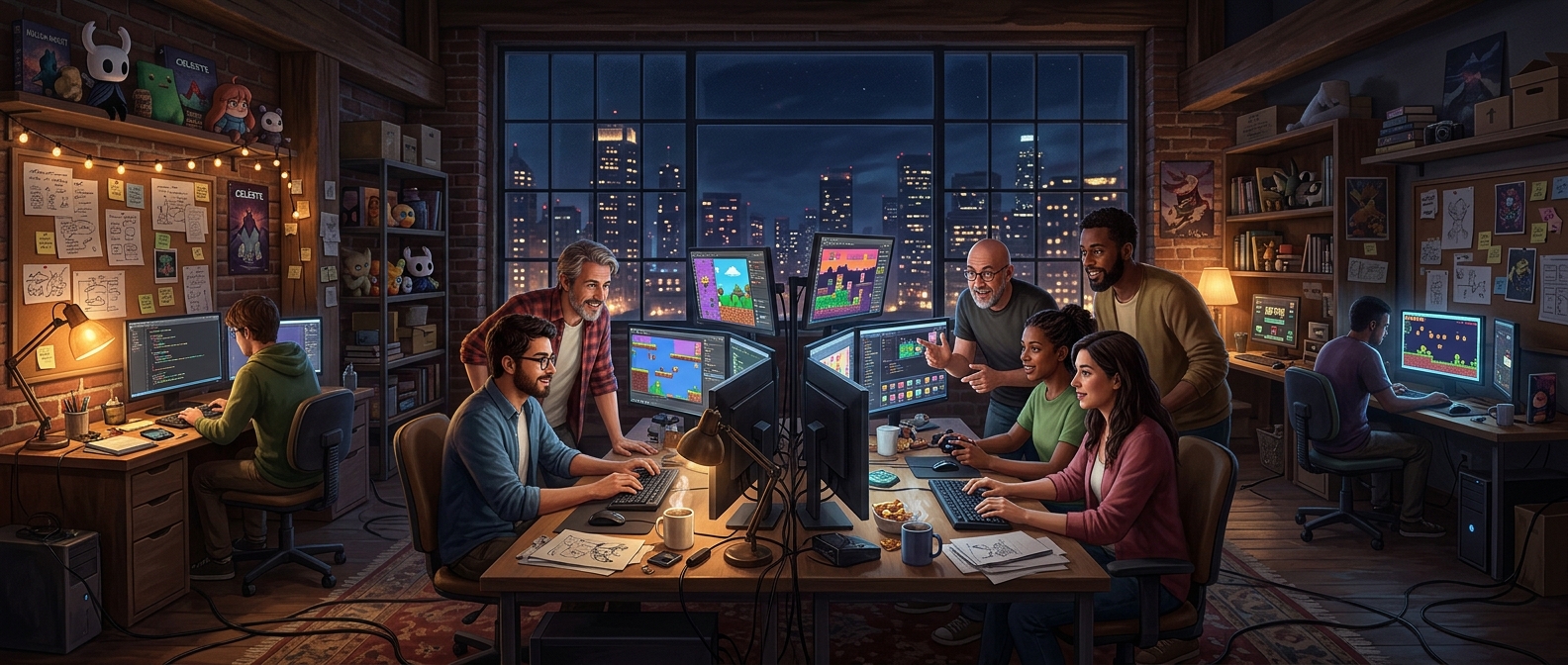 Indie game developers and curators gathered around glowing monitors in a neon-lit loft studio at night, reviewing colorful game prototypes with a city skyline beyond the windows