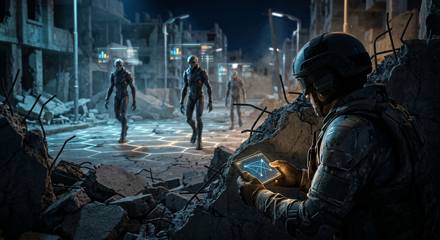 A tactical soldier crouches in night shadow observing three patrolling aliens whose movement paths glow as geometric grid lines, with translucent holographic numerical scoring overlays hovering above each enemy while the soldier studies a glowing datapad displaying predicted positions.