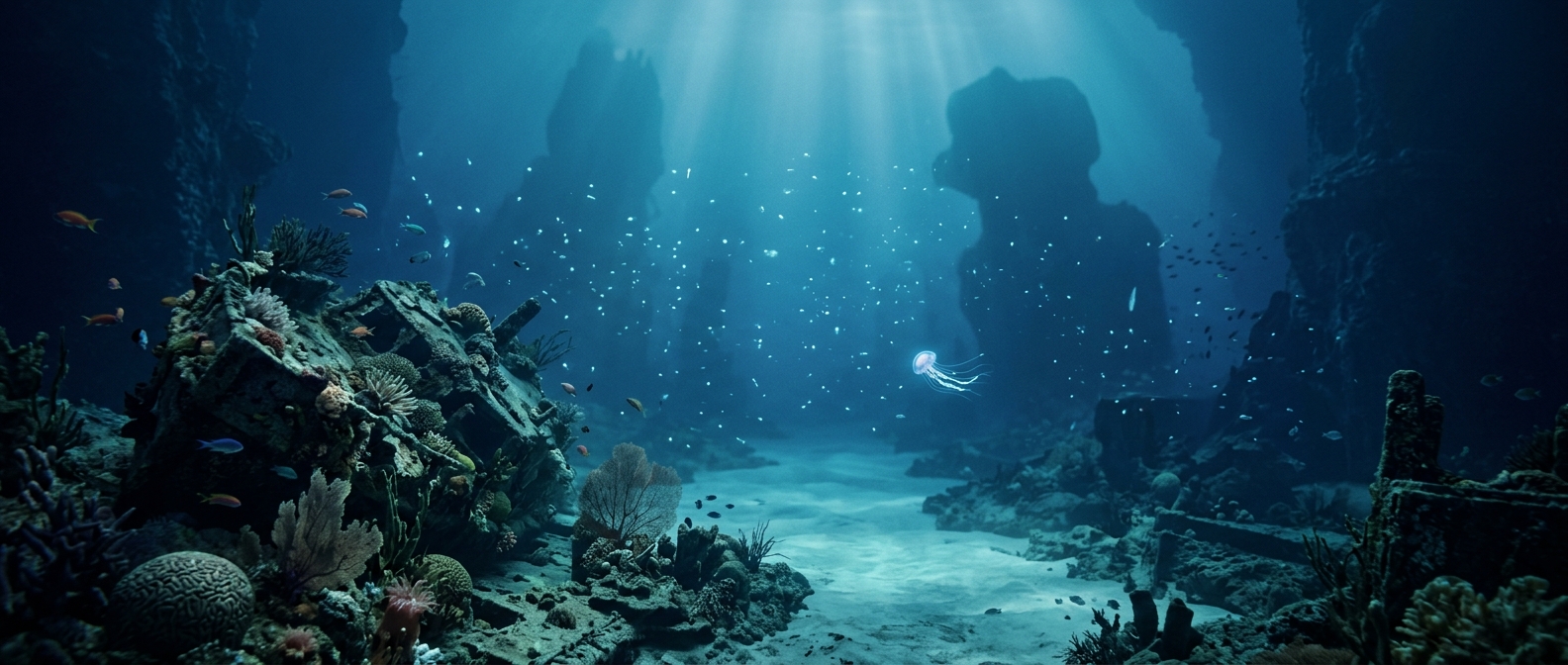 A calm deep-ocean corridor in Star-Dive, where cool indigo-teal water stretches into the distance past drifting bioluminescent particles, a slow jellyfish, and the shadowy outline of distant submerged ruins resting in serene quiet.