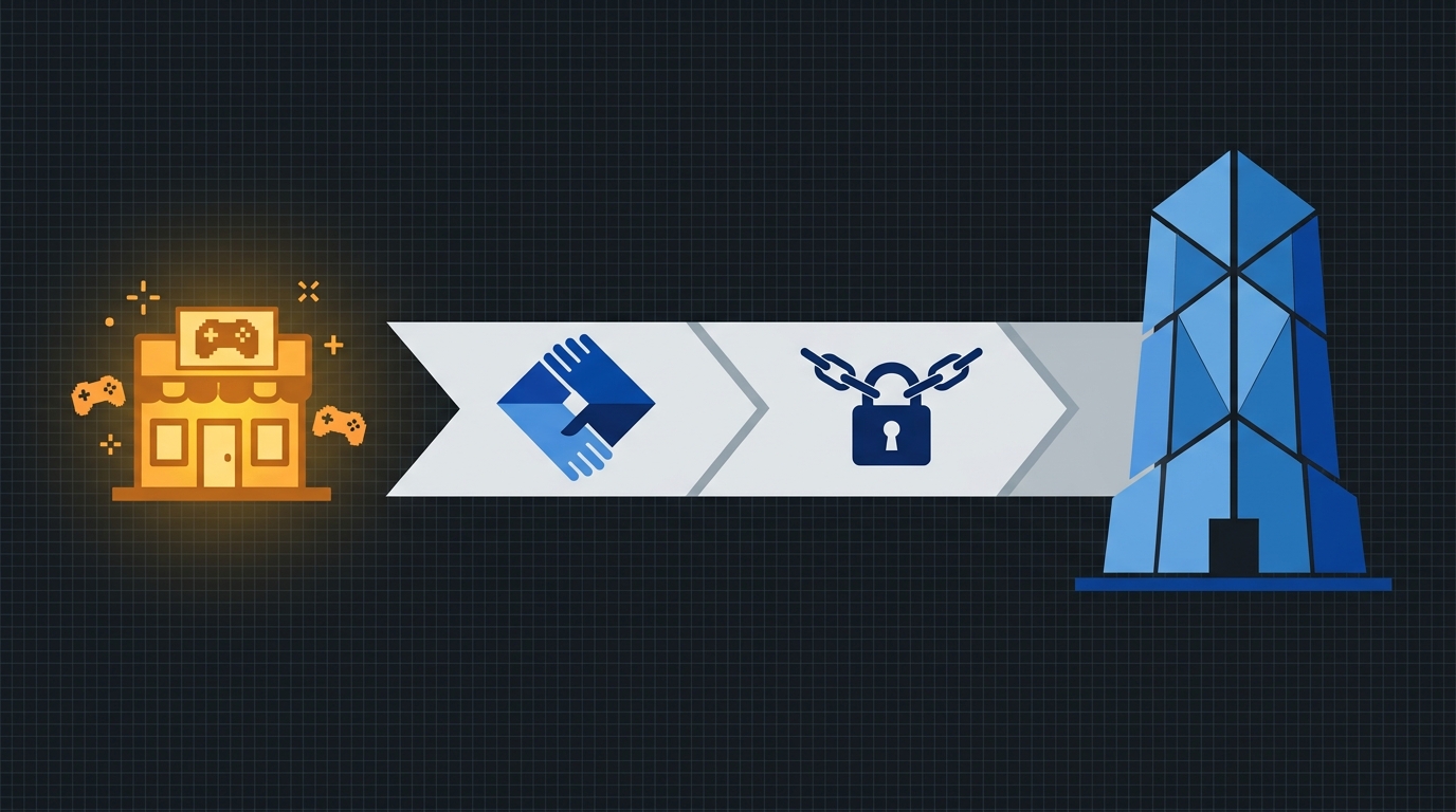A stylized flat illustration showing a flowchart pathway from a small independent studio on the left through partnership and exclusivity milestone nodes to a large corporate tower on the right, rendered in amber and cobalt blue tones on a dark background.