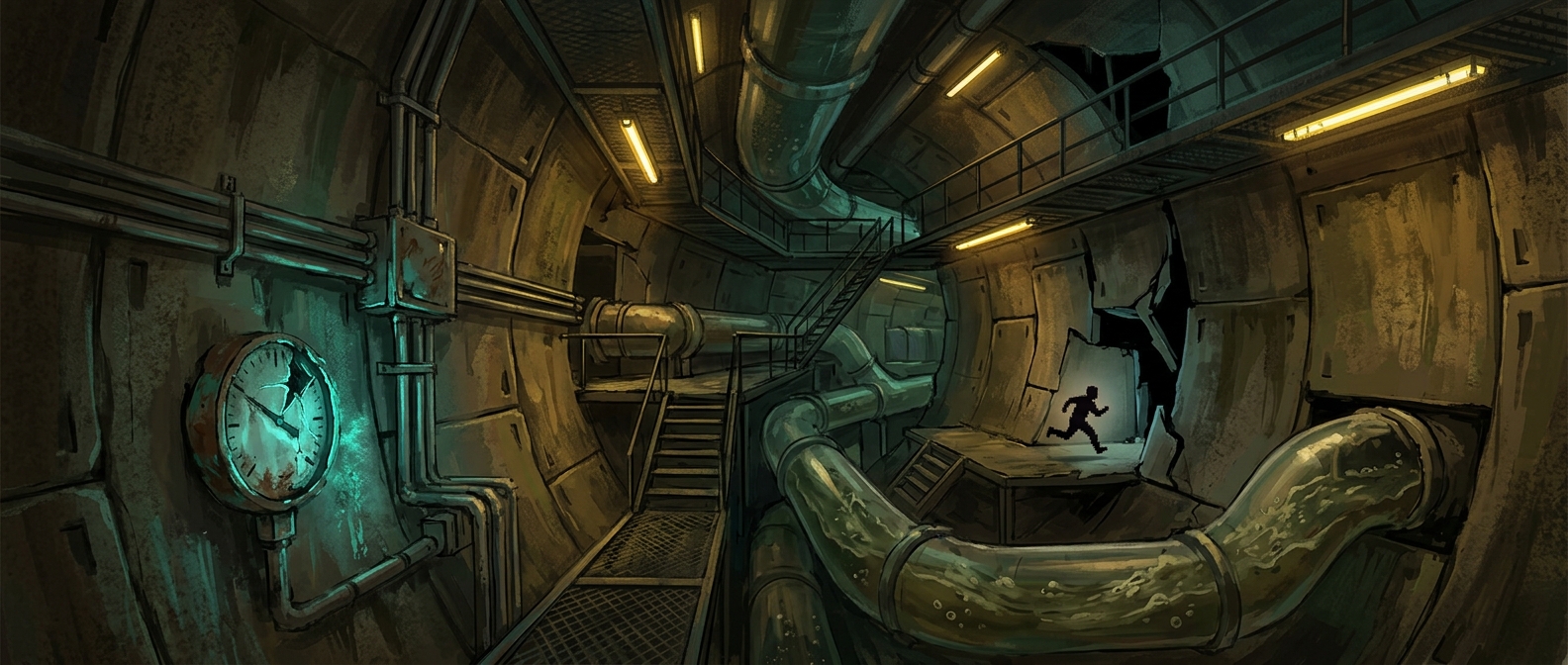 Cross-section panorama of a grimy underground pump facility with modular pipe chambers, a glowing broken pressure gauge on the left wall, murky water flowing through translucent conduits, and a small sprinting figure exploiting a gap between unsealed wall segments.