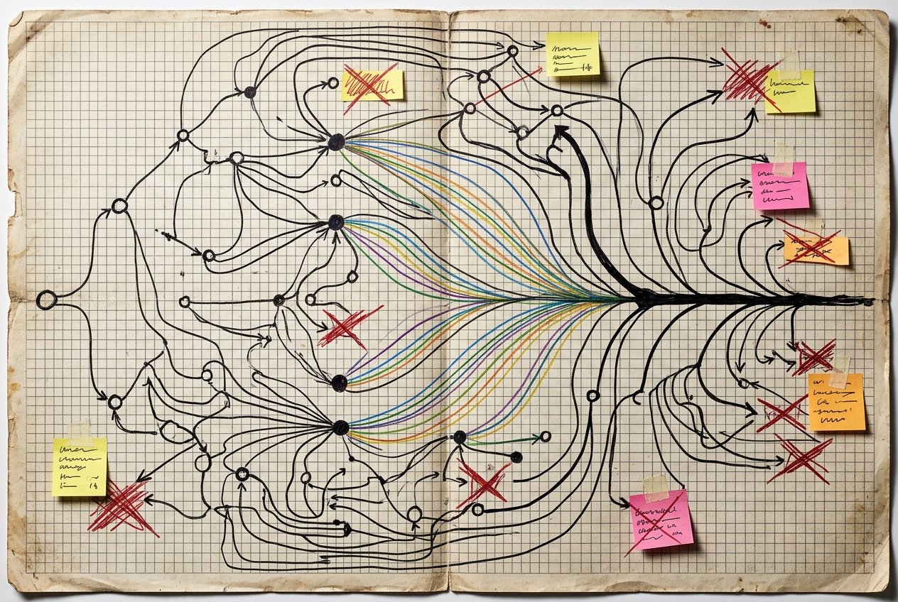 Overhead view of a hand-drawn branching narrative flowchart on graph paper showing paths that fan outward from decision nodes and inevitably converge back into a single central spine, illustrating the diamond structure of constrained player choice in RPG design