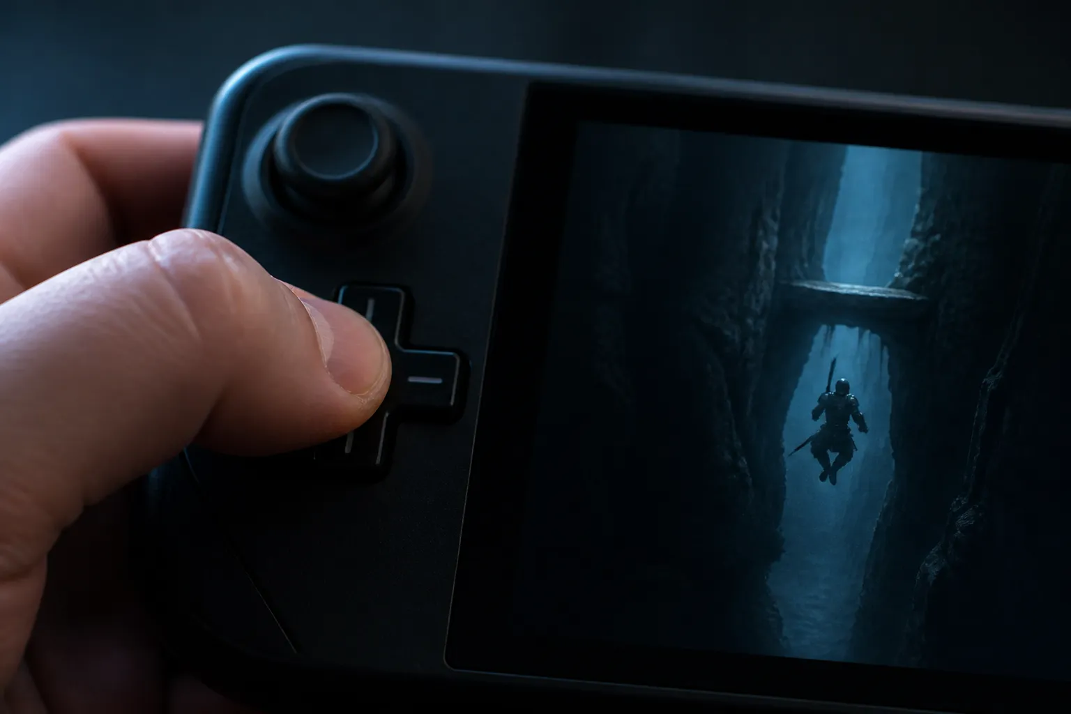 A thumb rests on a handheld console's D-pad while a small character bounces upward inside a narrow cave shaft, striking an enemy below.