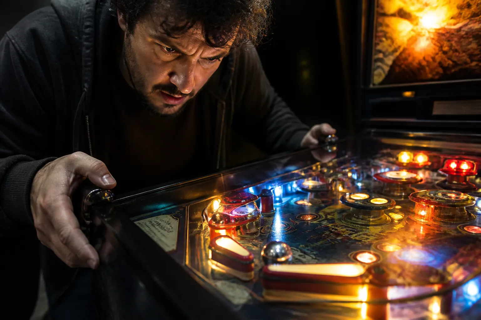 A player grips the flipper buttons of a pinball cabinet as the steel ball sits trapped against a raised flipper, lit by warm backglass light and cool LED accents.