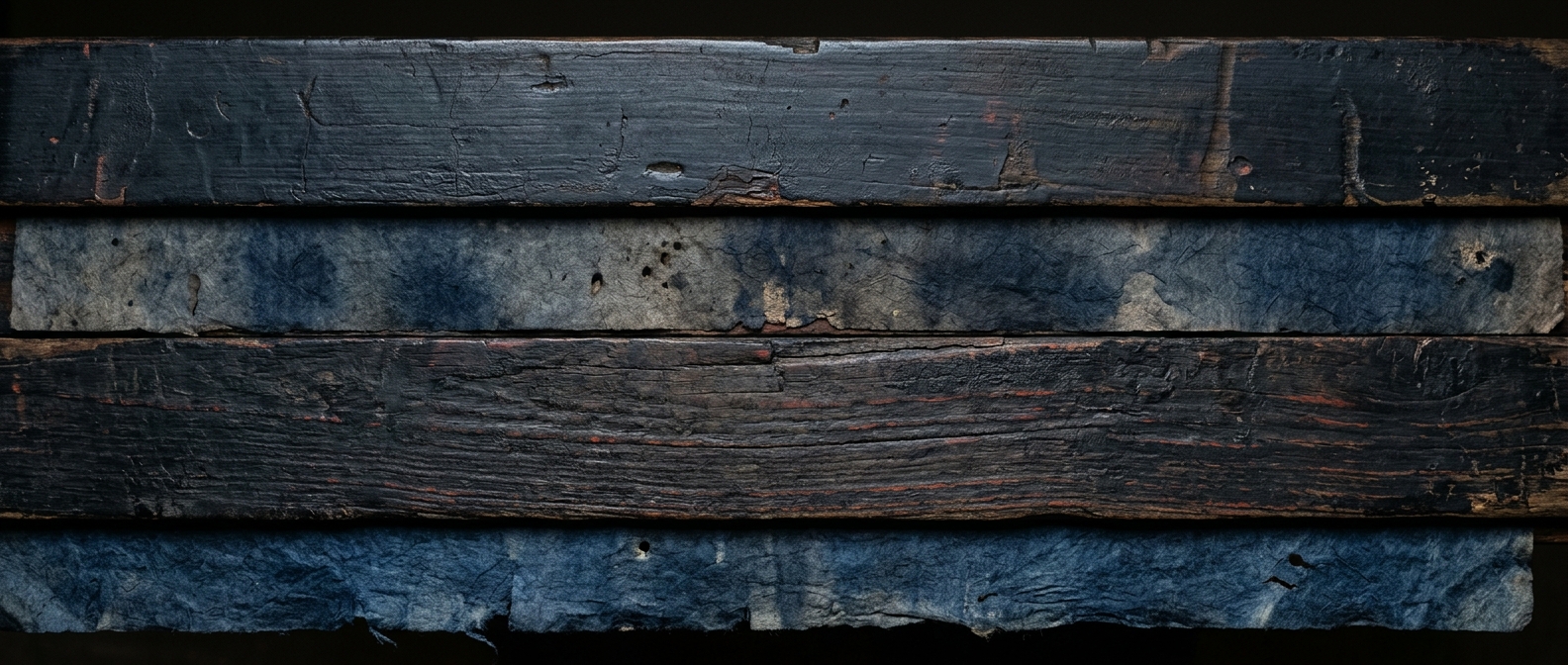Close-up of aged Japanese lacquered wood surface with deep indigo and charcoal tones, faint vermillion undertones, subtle craquelure texture under soft raking light