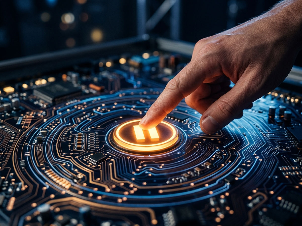 A human hand hovering over a luminous pause symbol above a dense glowing circuit board, symbolizing the tension between AI acceleration and restraint