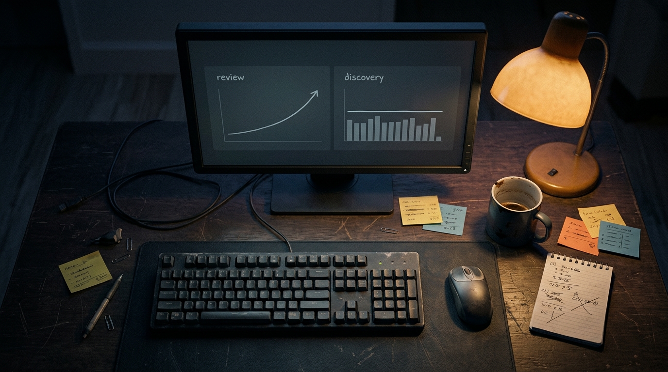 A dimly lit indie studio desk at dusk, monitor displaying a flat discovery graph beside a rising review curve, warm lamp light, scattered notes and cold coffee, quiet and analytical atmosphere.