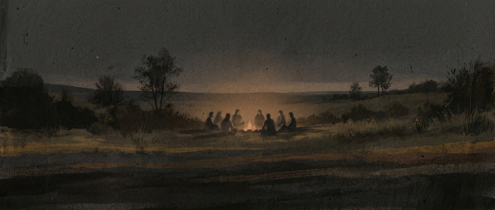 Warm amber embers glow softly against a dark textured background with faint silhouettes gathered in the distance, evoking quiet cooperative presence around a campfire.