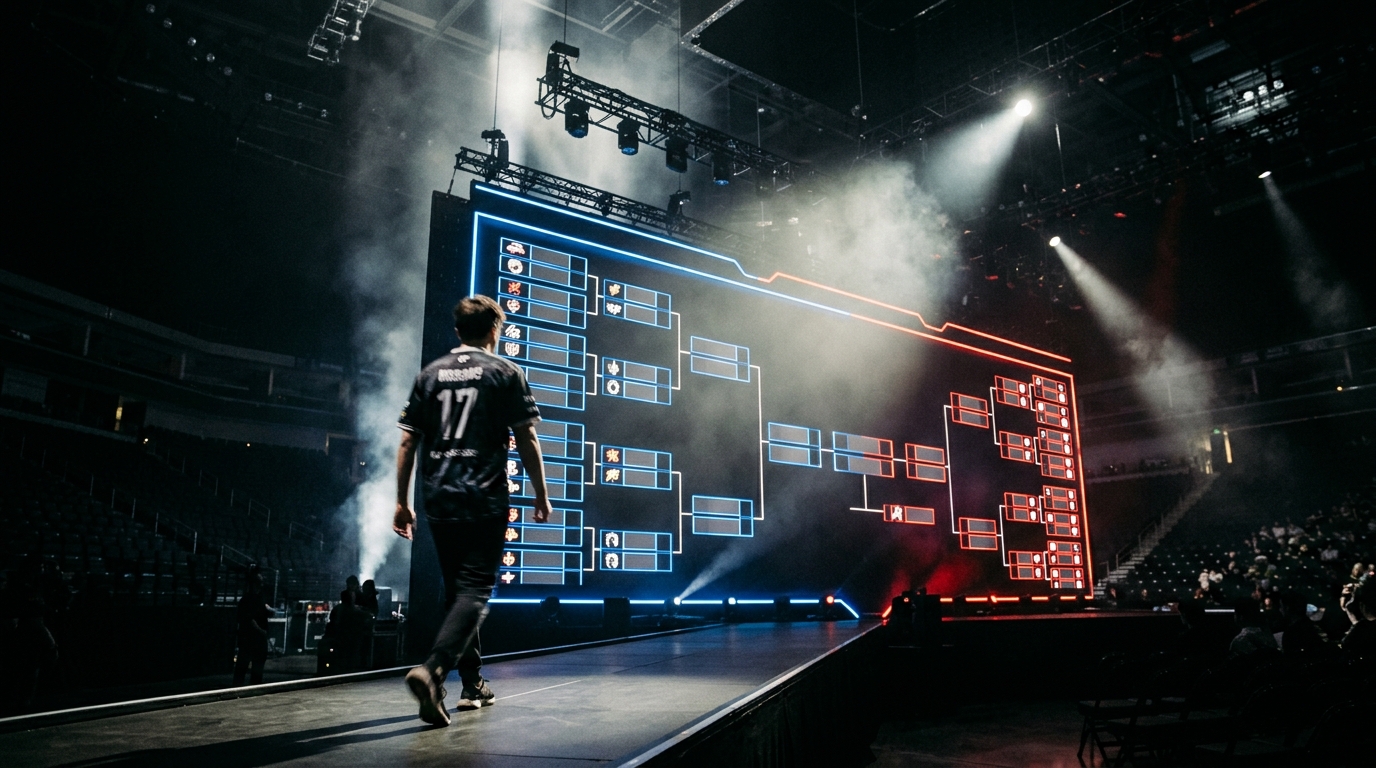 A glowing franchised tournament bracket board looms in a darkened esports arena as a player walks toward it, stage lights cutting through atmospheric haze in a cinematic wide shot