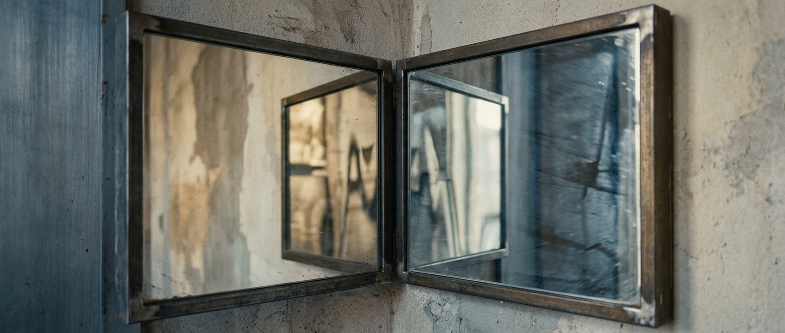 Two angled reflective surfaces facing each other, casting layered light forms across a muted textured background in slate and warm ash tones.