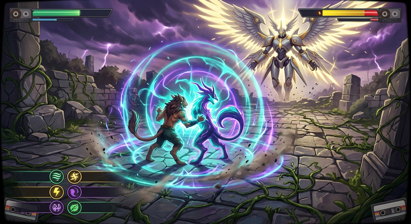 A fused monster hybrid glowing with teal and violet typing auras faces a massive angelic boss creature on a ruined coastal battlefield under a stormy purple sky, with a move list and health bar visible in the corner.
