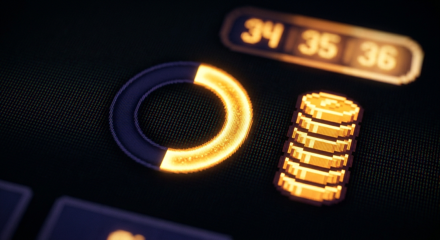 Close-up of a glowing game reward screen showing a half-filled progress ring and stacked coin icons in indigo and amber light