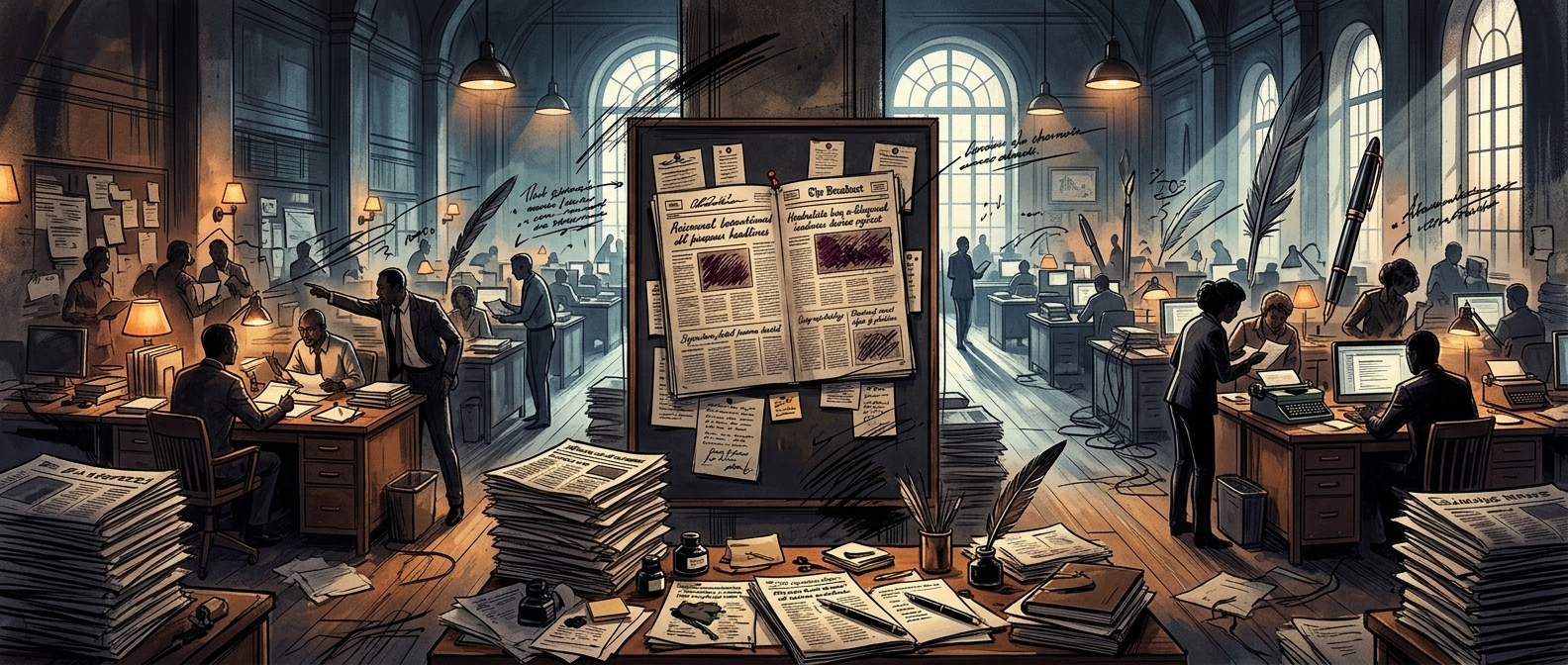 A dramatic panoramic newsroom scene bathed in amber and indigo light, with silhouetted journalists in debate among cascading newspapers, oversized editorial papers pinned to bulletin boards, and sculptural quills alongside modern screens, evoking the vital tension of opinion journalism.