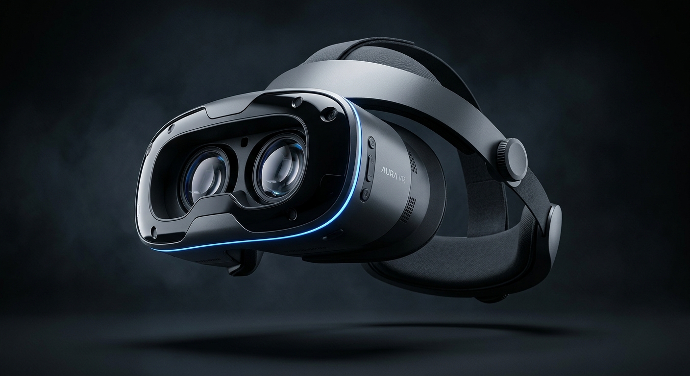 The Vortex VR headset suspended in dark studio space, its front-heavy profile dramatically lit to reveal the ergonomic imbalance at the heart of its design