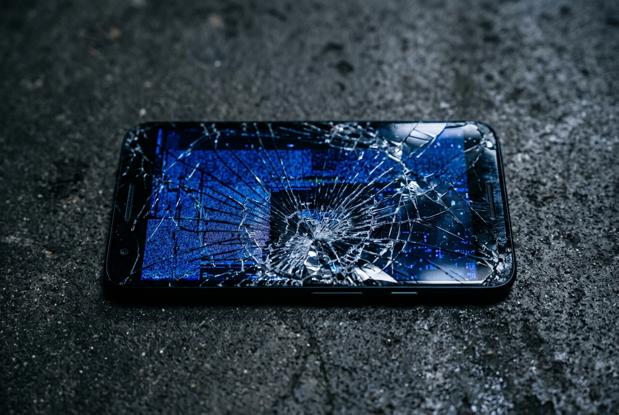 A cracked smartphone lying on dark concrete, its broken screen displaying only black static and fragmented pixels, symbolizing a lost digital world.