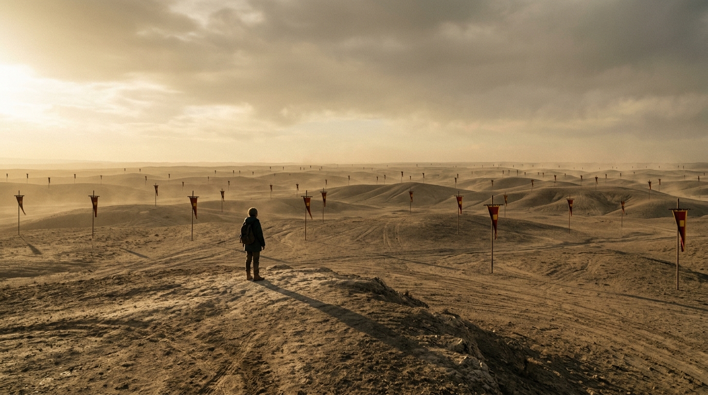A lone figure dwarfed by a vast but repetitive open landscape filled with identical quest markers stretching endlessly to the horizon, illustrating scale without meaning.