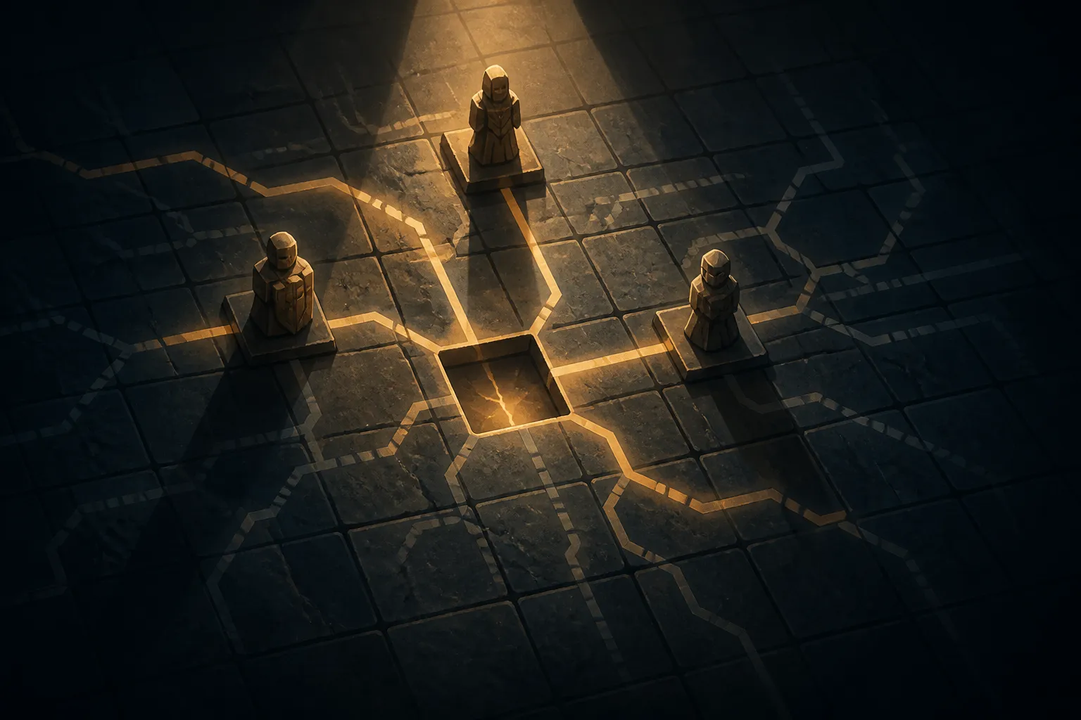 Top-down illustration of a tactics board where one unit has been removed, leaving an empty square, and the glowing routes available to the remaining units visibly open and close.