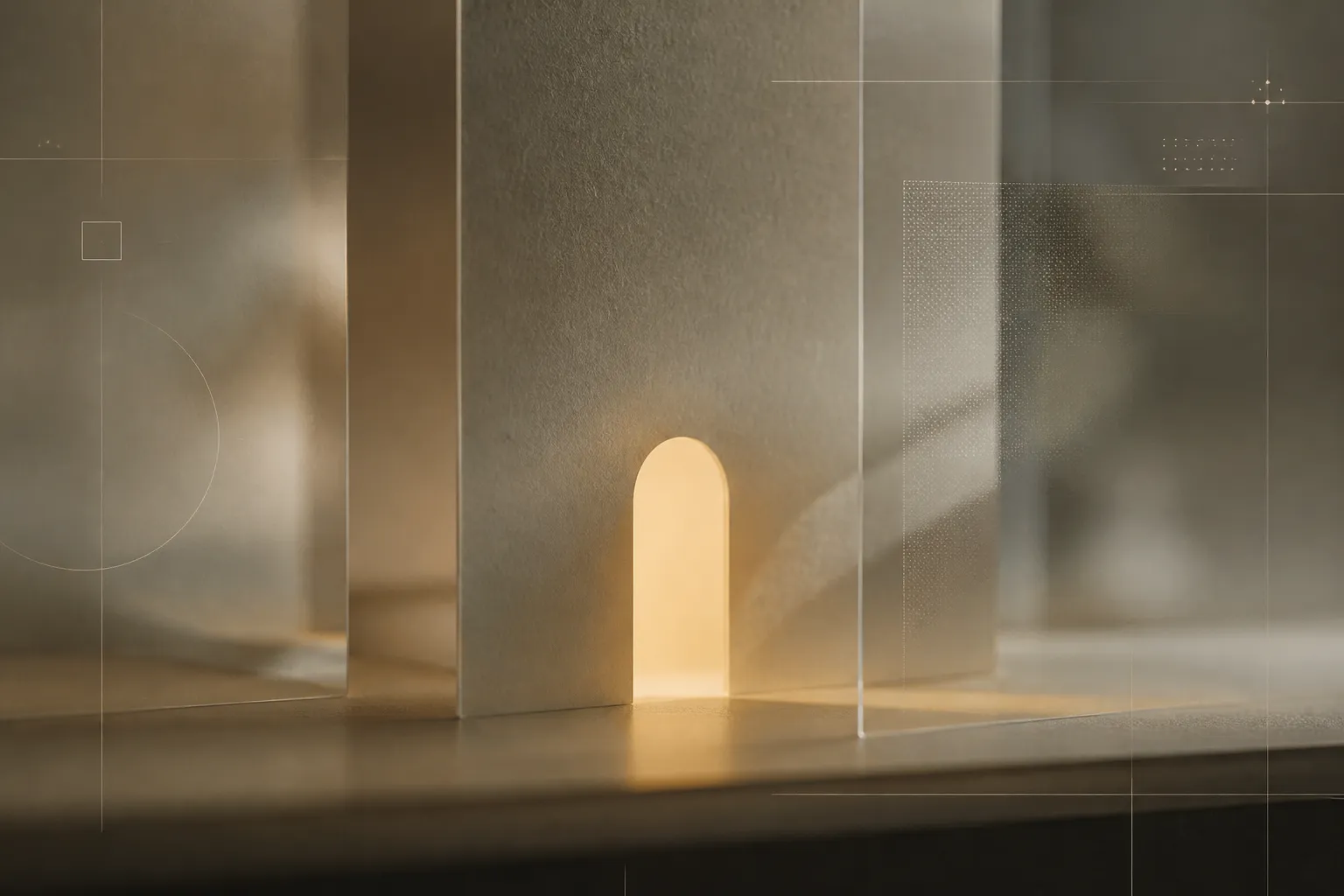 A quiet, wide texture study of layered glass and matte paper in warm neutrals, with a single amber glow suggesting a doorway and faint abstract interface marks at the edges.