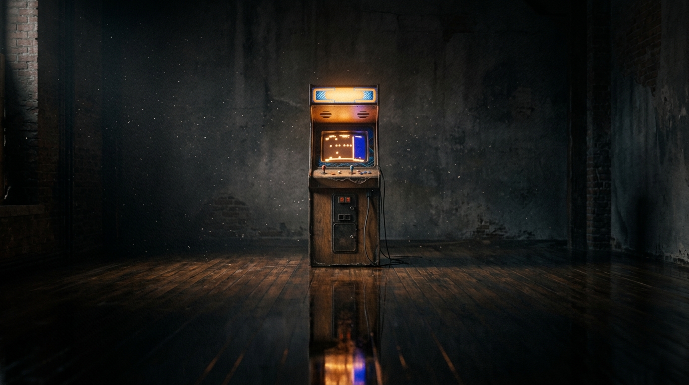 A solitary vintage arcade cabinet casting a warm amber glow reflected in a dark polished floor, evoking quiet nostalgia and industry reflection