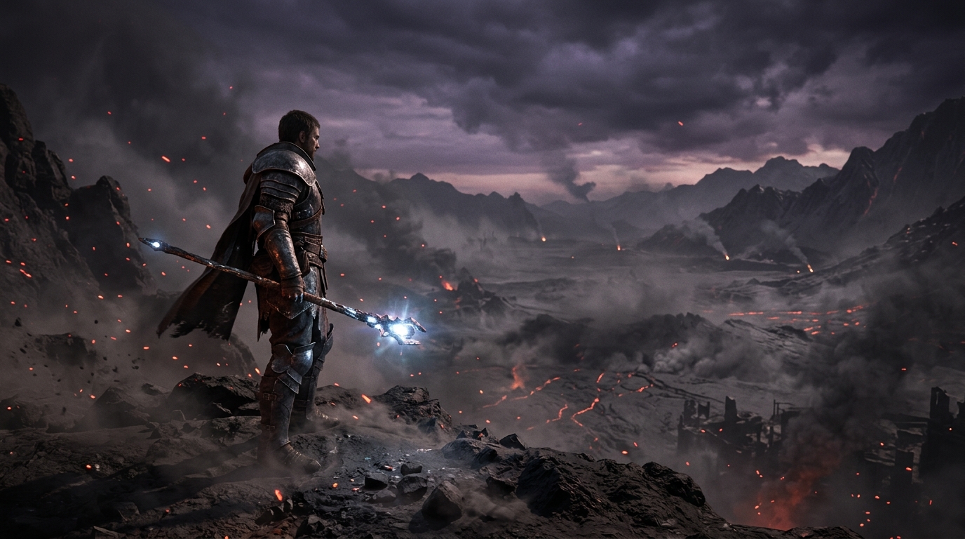 A lone armored warrior overlooks a vast ash-covered volcanic valley beneath a dusky sky, embers drifting in the air.